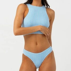Rhythm Women's Blue Sunbather Stripe High NeckTop & Ocean Bikini Bottom Size XL